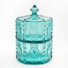 Two-layer glass candy bowl blue glass storage glass jar with lid images
