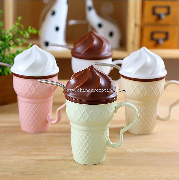 ice cream shape mug coffee milk water cup with lid and straw