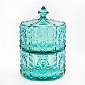 Two-layer glass candy bowl blue glass storage glass jar with lid images