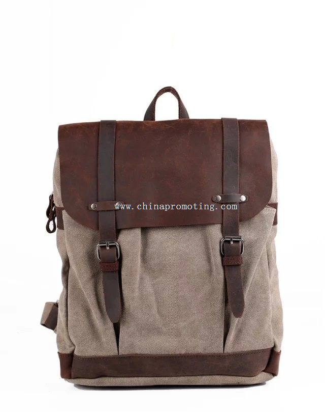 Leather flap canvas backpack