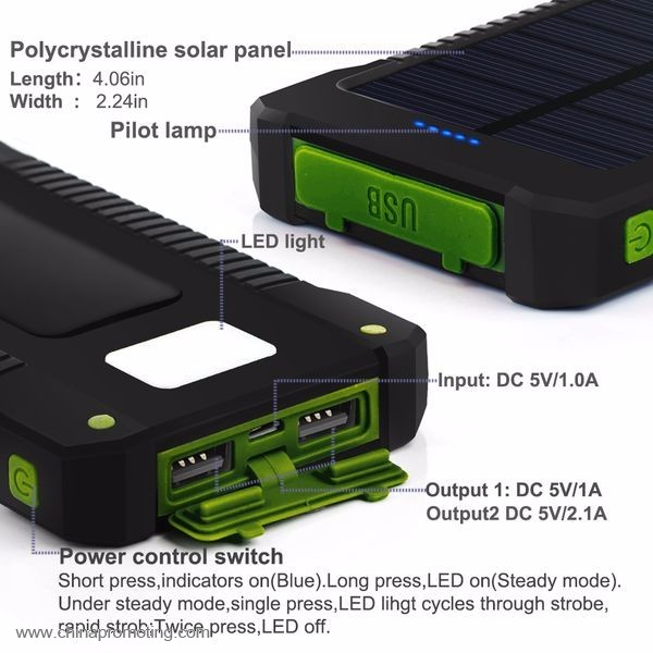 8000mAh Waterproof Mobile Solar Charger Led Light