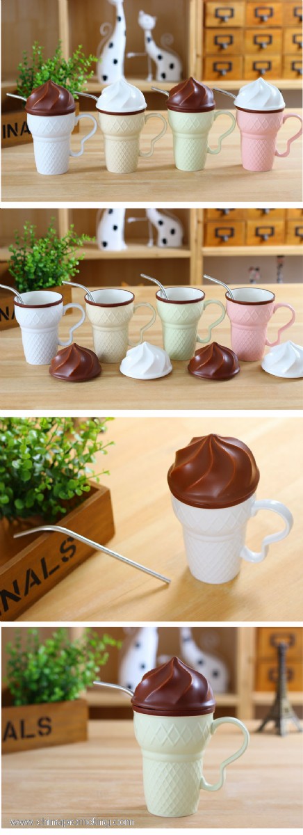 ice cream shape mug coffee milk water cup with lid and straw