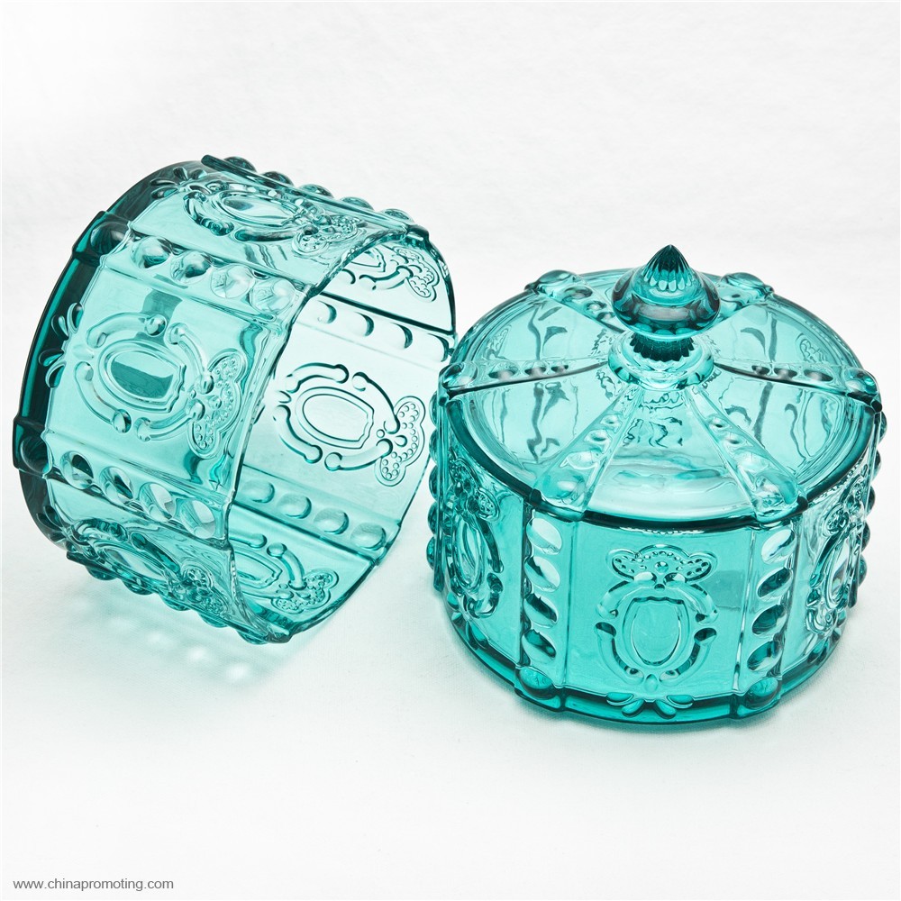 Two-layer glass candy bowl blue glass storage glass jar with lid