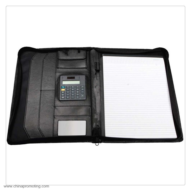 Leather Portfolio Personalized with Zipper Closure and Calculator