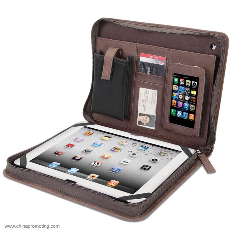 Multifunctional A4 Zippered Brown Leather Portfolio 