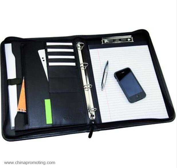PU Leather Zipped Portfolio 4 Ring Binder with Clip
